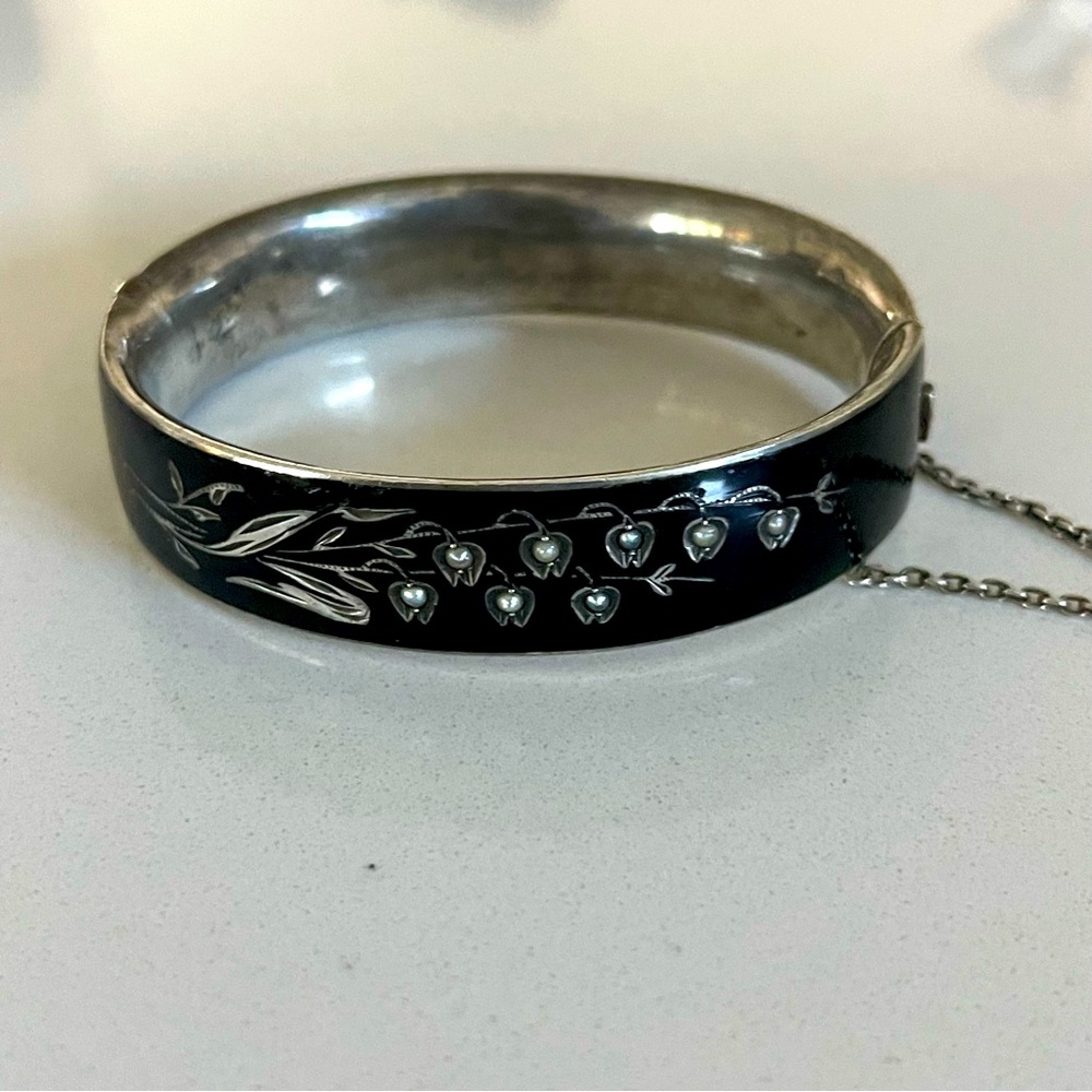 Antique Victorian Black Enameled lily of the valley seed pearl bangle
